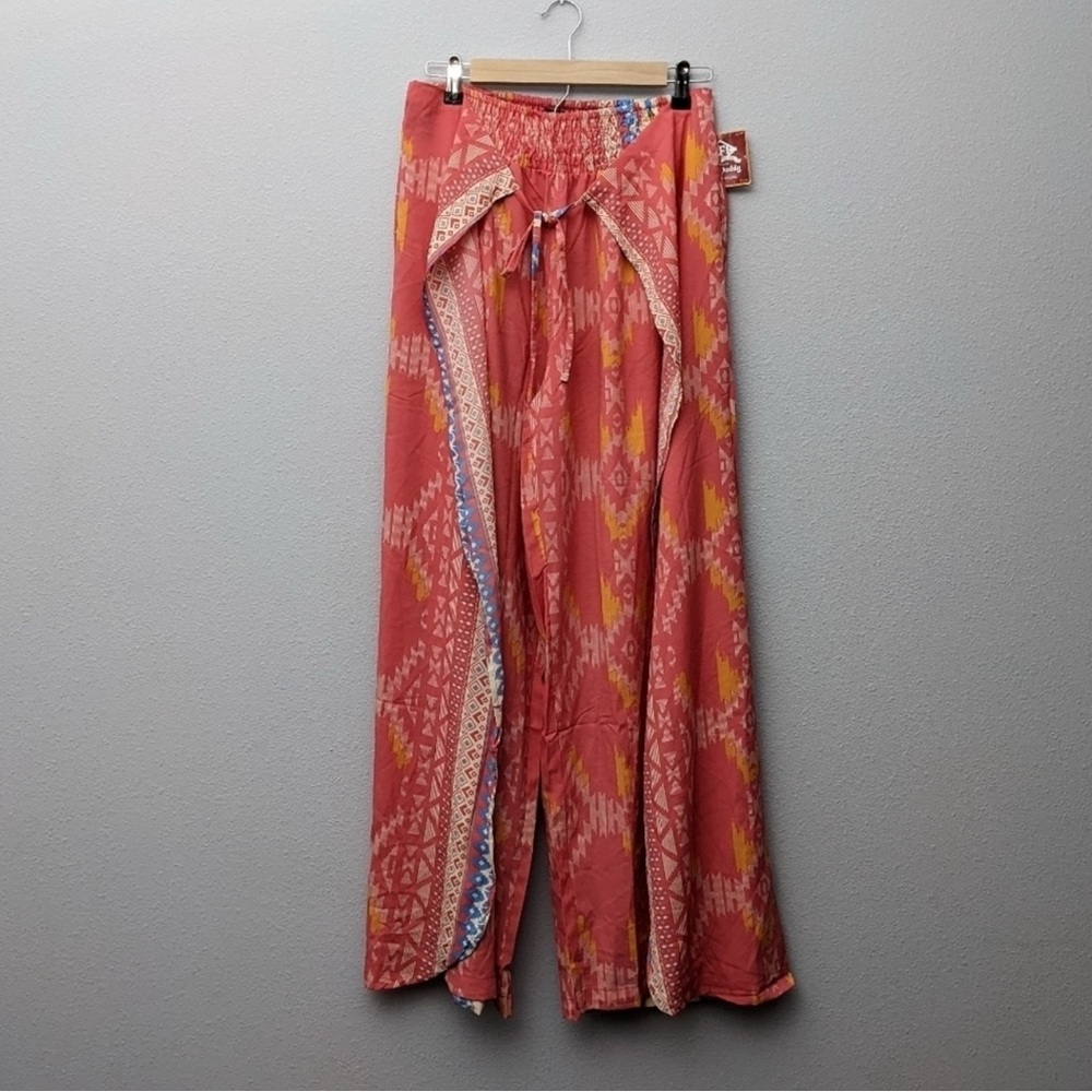 PFI Aztec Western Smocked Waist Drape Front Palazzo Wide Leg Pants Size Lg